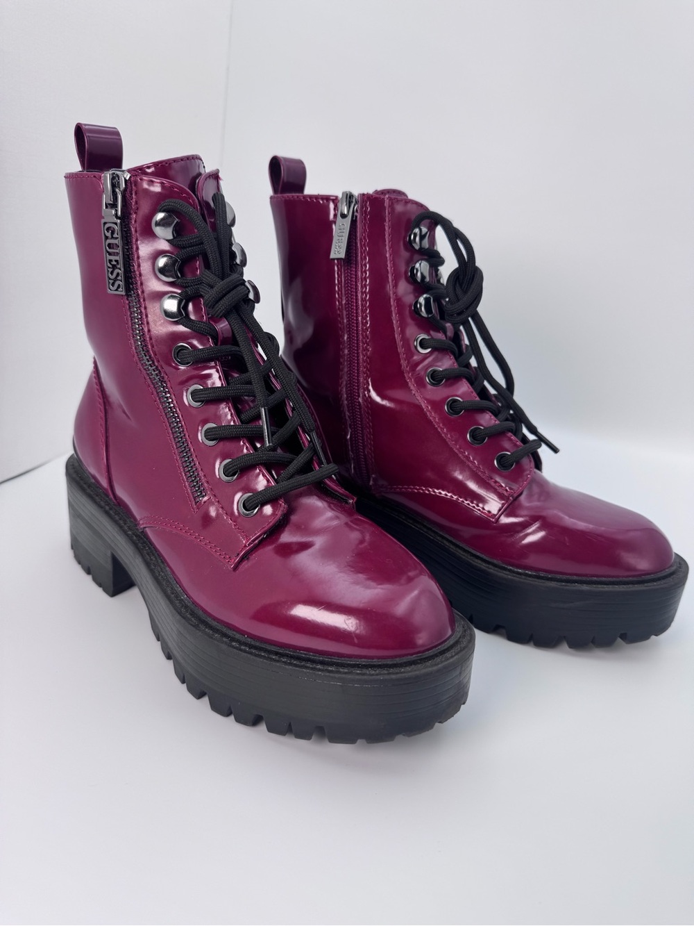 GUESS Women's Glossy Plum Lace-Up Platform Combat Boots